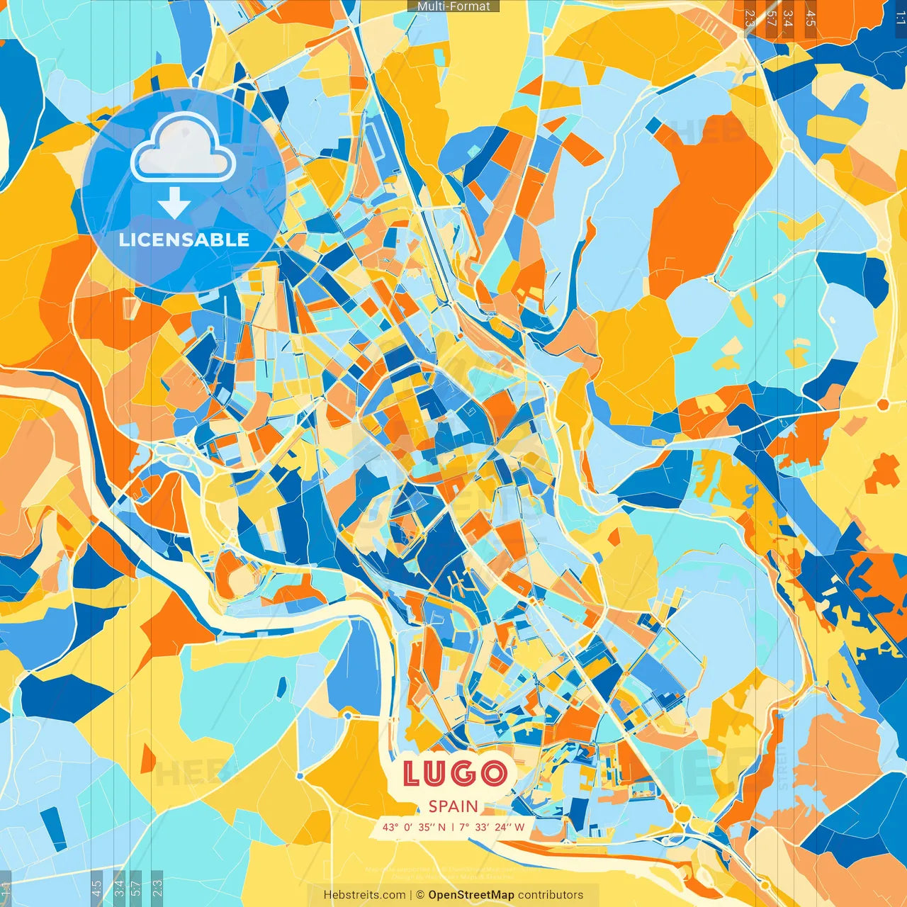 Lugo, Spain blue and orange vector art map template