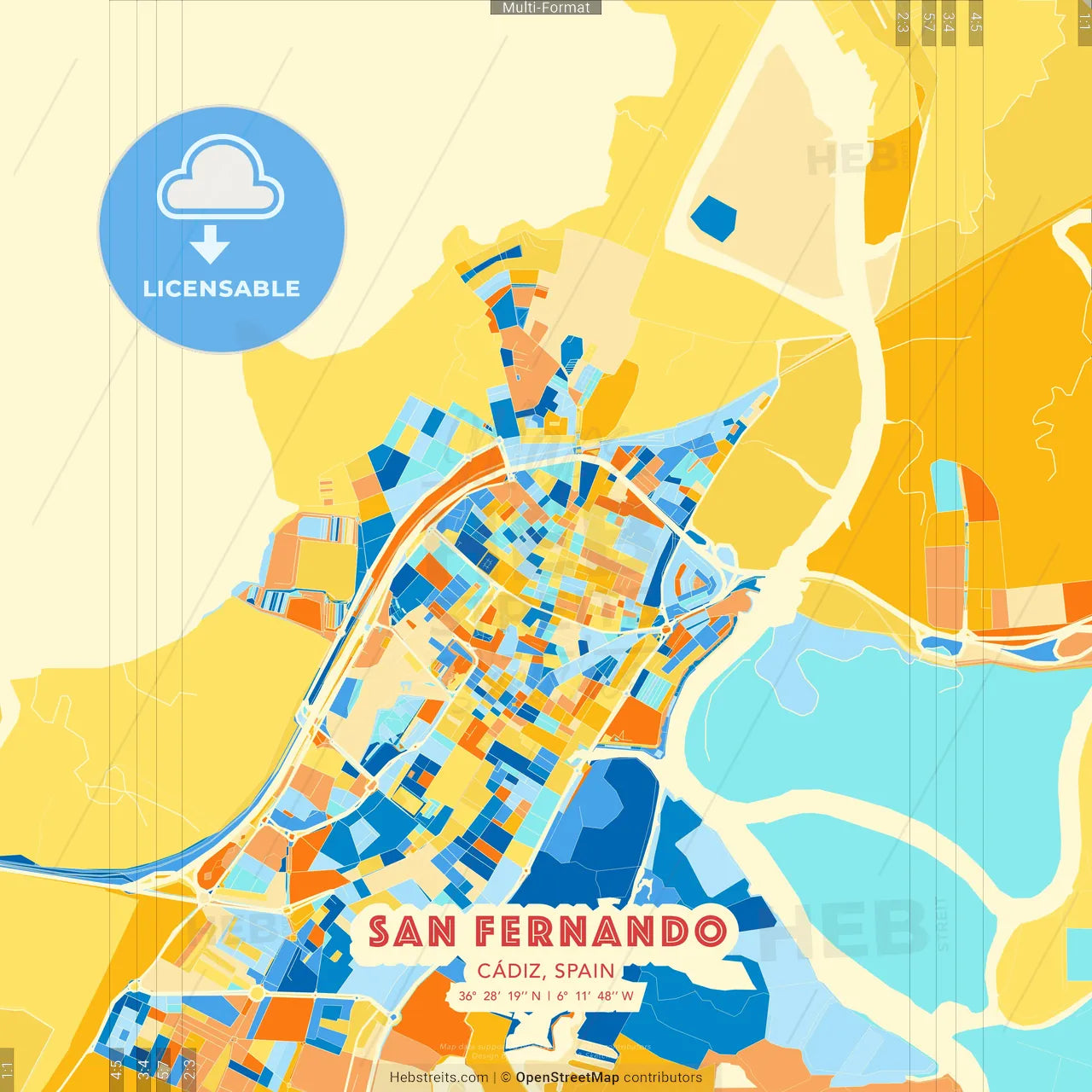 San Fernando, Cádiz, Spain blue and orange vector art map template