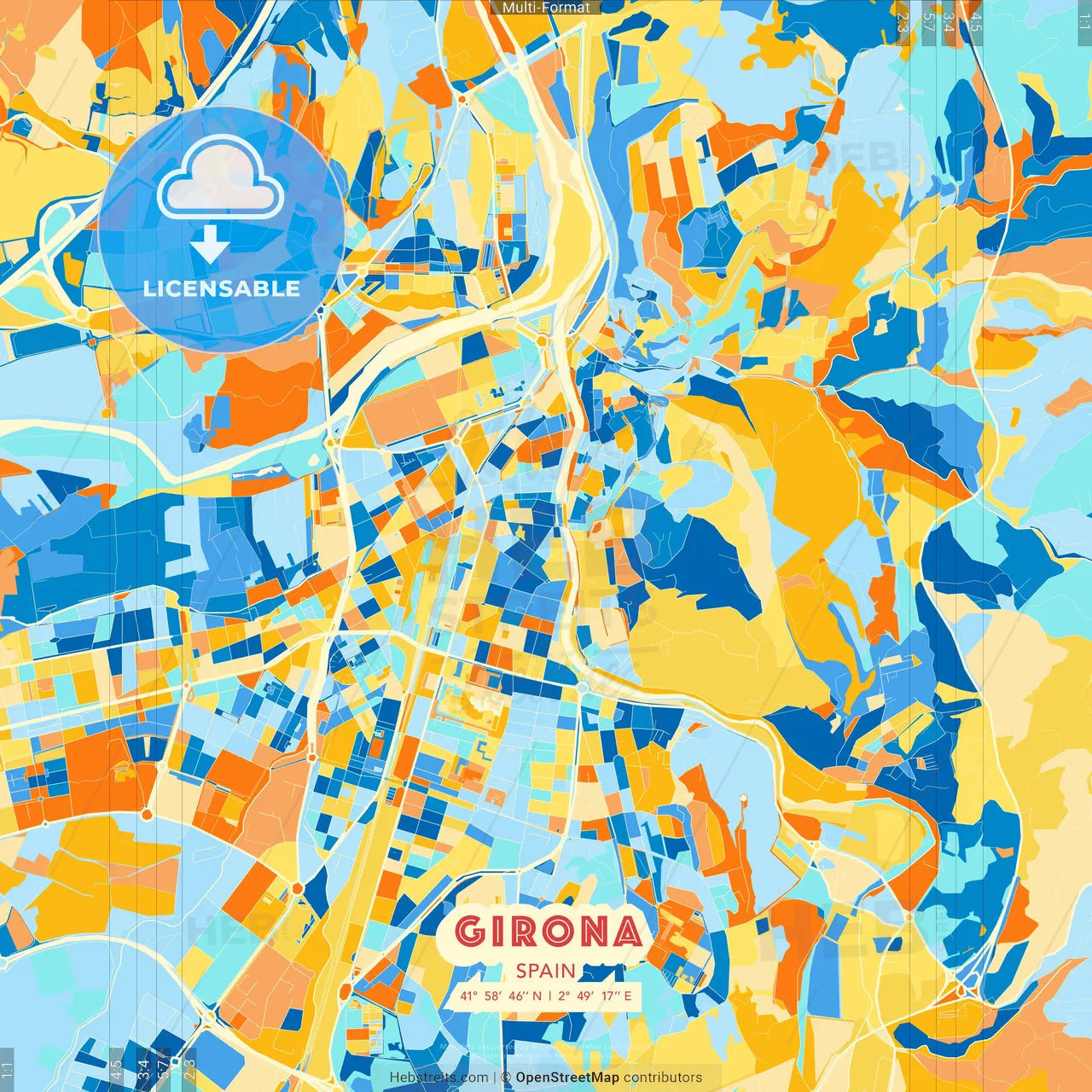 Girona, Spain blue and orange vector art map template