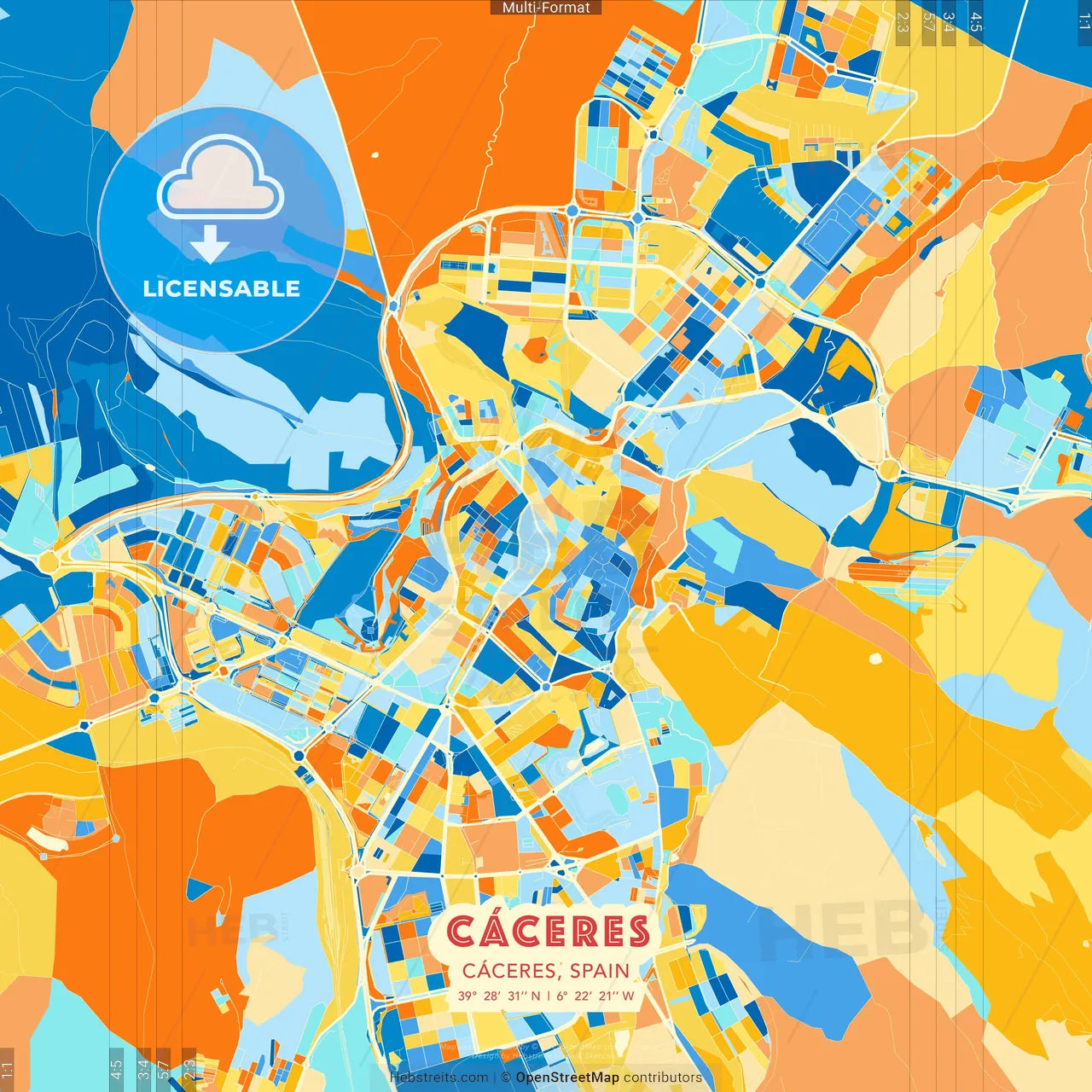 Cáceres, Cáceres, Spain blue and orange vector art map template