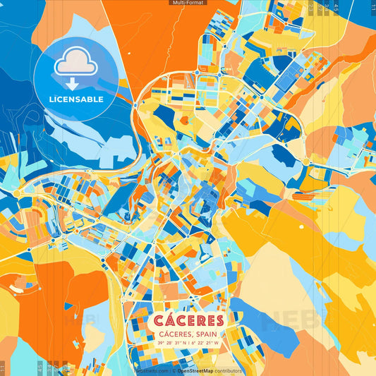 Cáceres, Cáceres, Spain blue and orange vector art map template