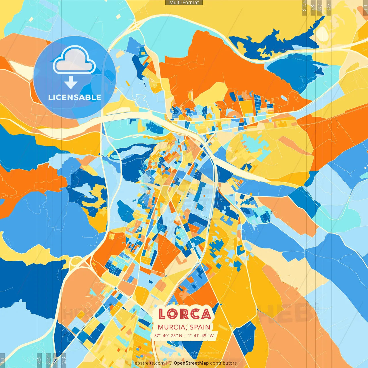 Lorca, Murcia, Spain blue and orange vector art map template