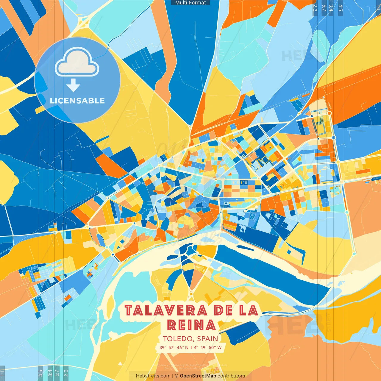Talavera de la Reina, Toledo, Spain blue and orange vector art map template