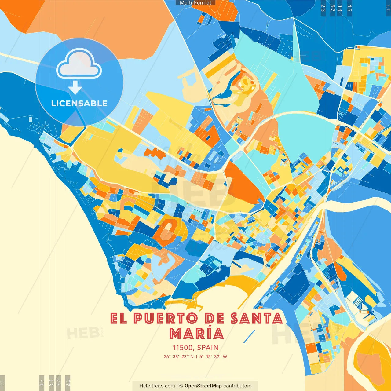 El Puerto de Santa María, 11500, Spain blue and orange vector art map template