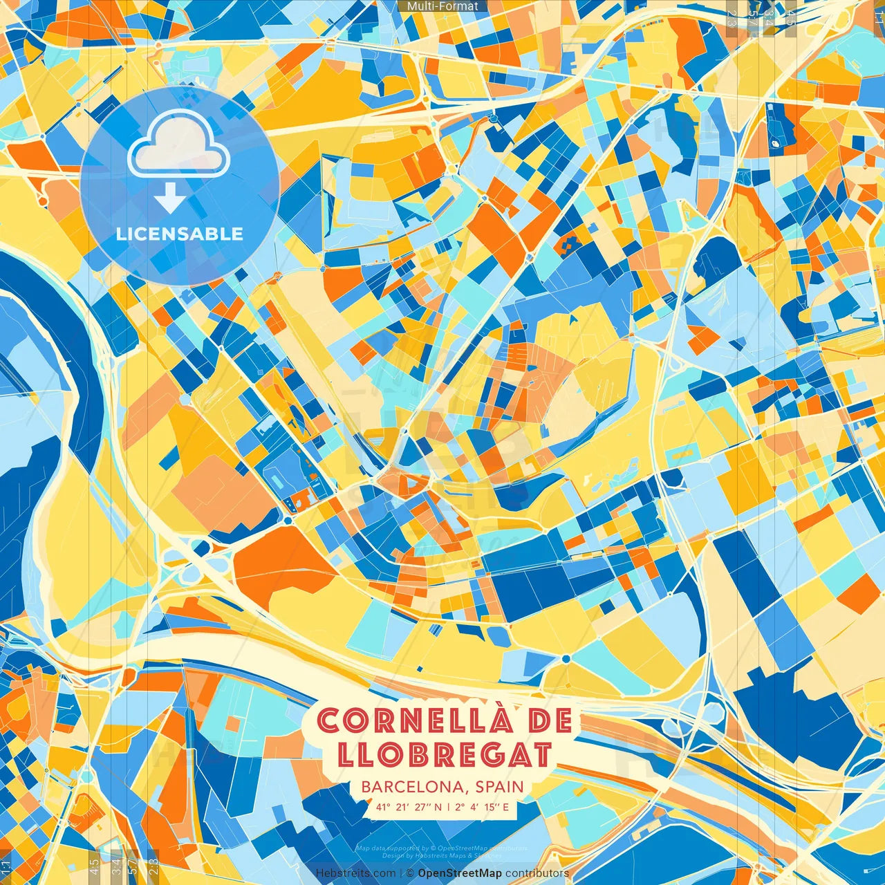 Cornellà de Llobregat, Barcelona, Spain blue and orange vector art map template