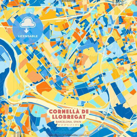 Cornellà de Llobregat, Barcelona, Spain blue and orange vector art map template