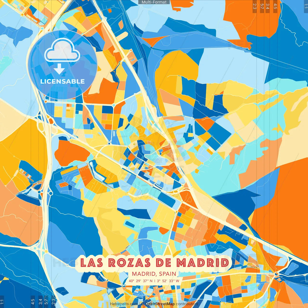 Las Rozas de Madrid, Madrid, Spain blue and orange vector art map template