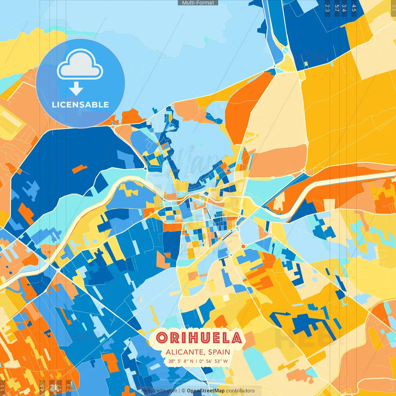 Orihuela, Alicante, Spain blue and orange vector art map template
