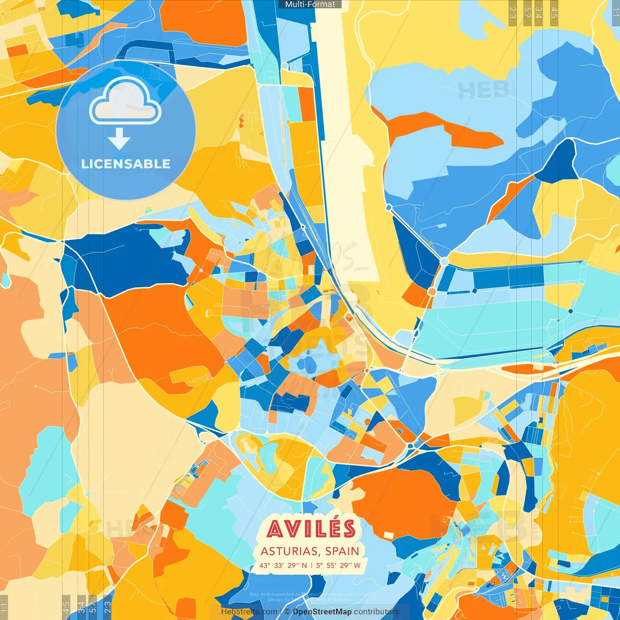 Avilés, Asturias, Spain blue and orange vector art map template