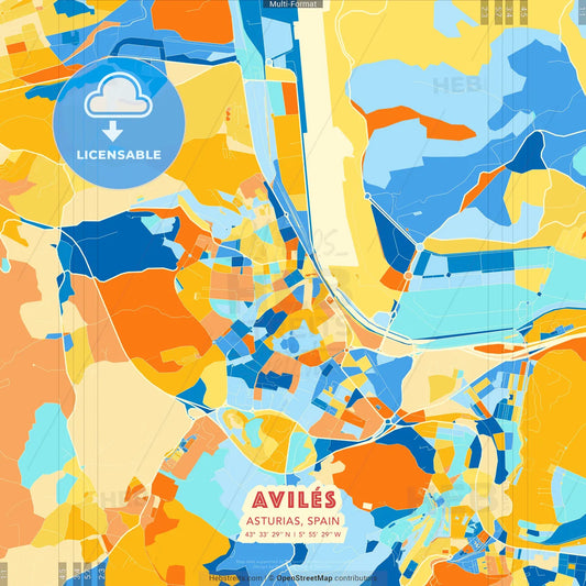 Avilés, Asturias, Spain blue and orange vector art map template