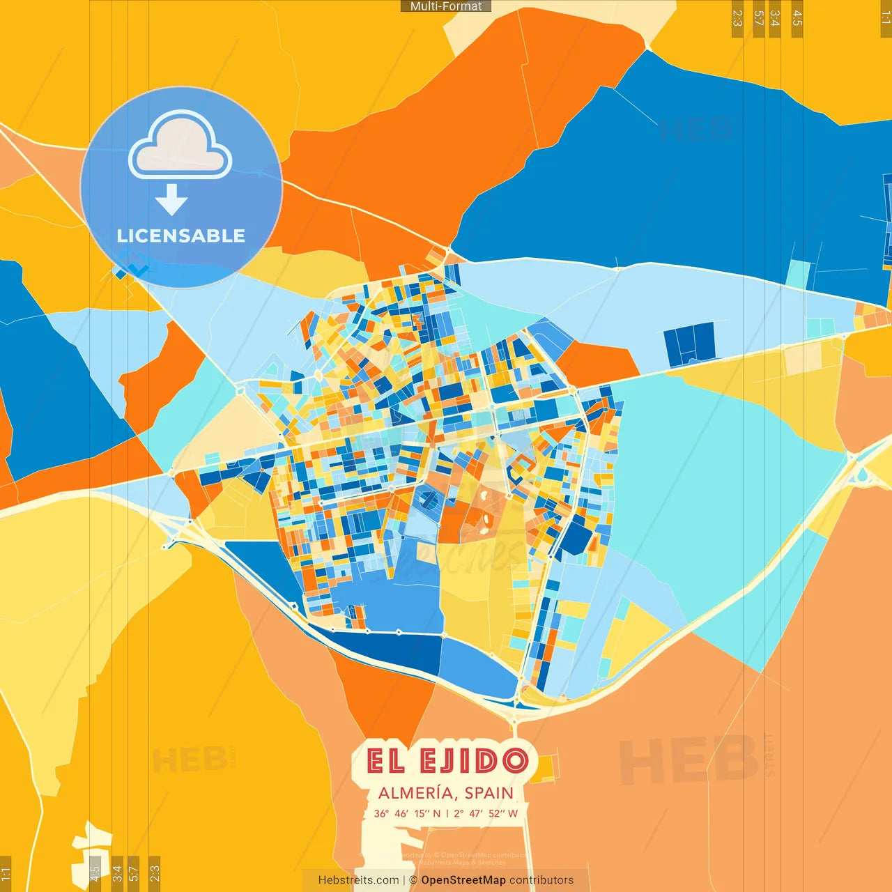 El Ejido, Almería, Spain blue and orange vector art map template
