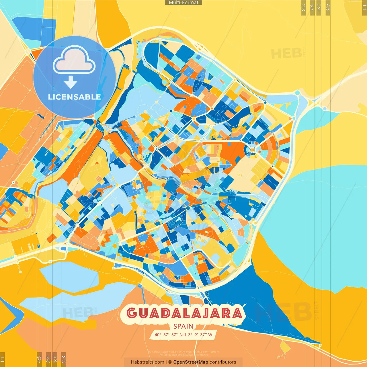Guadalajara, Spain blue and orange vector art map template