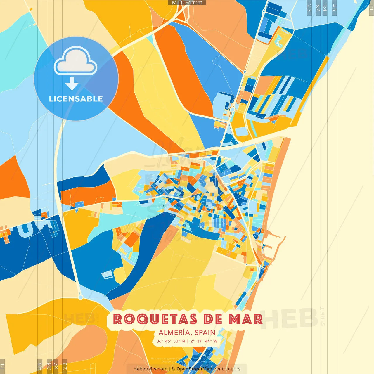 Roquetas de Mar, Almería, Spain blue and orange vector art map template