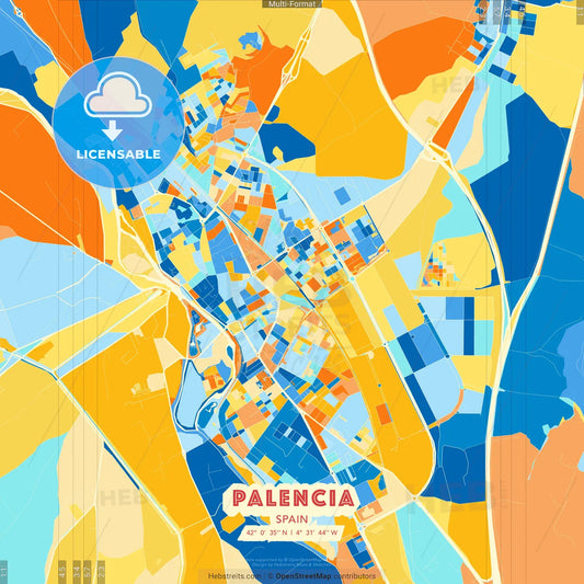 Palencia, Spain blue and orange vector art map template