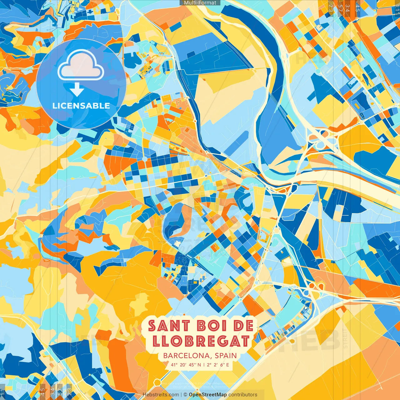 Sant Boi de Llobregat, Barcelona, Spain blue and orange vector art map template