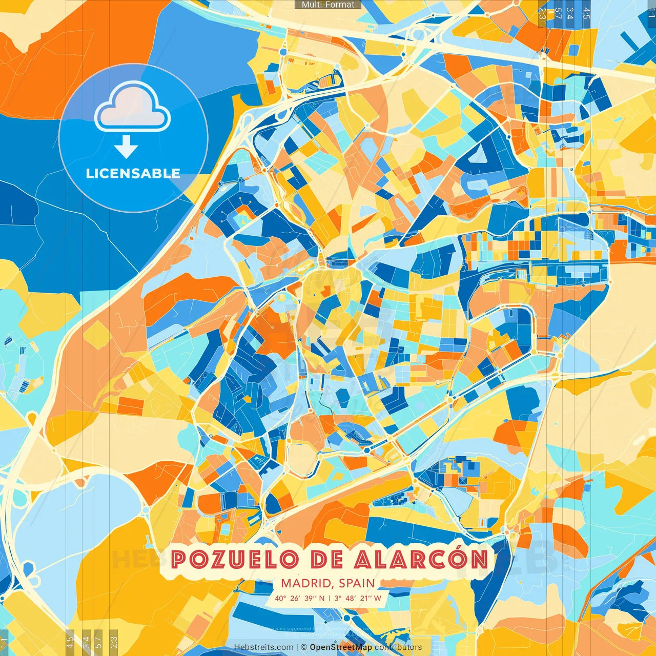 Pozuelo de Alarcón, Madrid, Spain blue and orange vector art map template