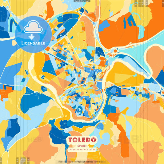 Toledo, Spain blue and orange vector art map template