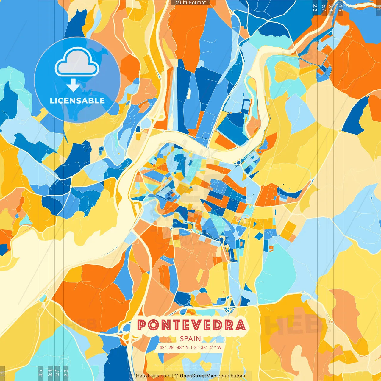 Pontevedra, Spain blue and orange vector art map template