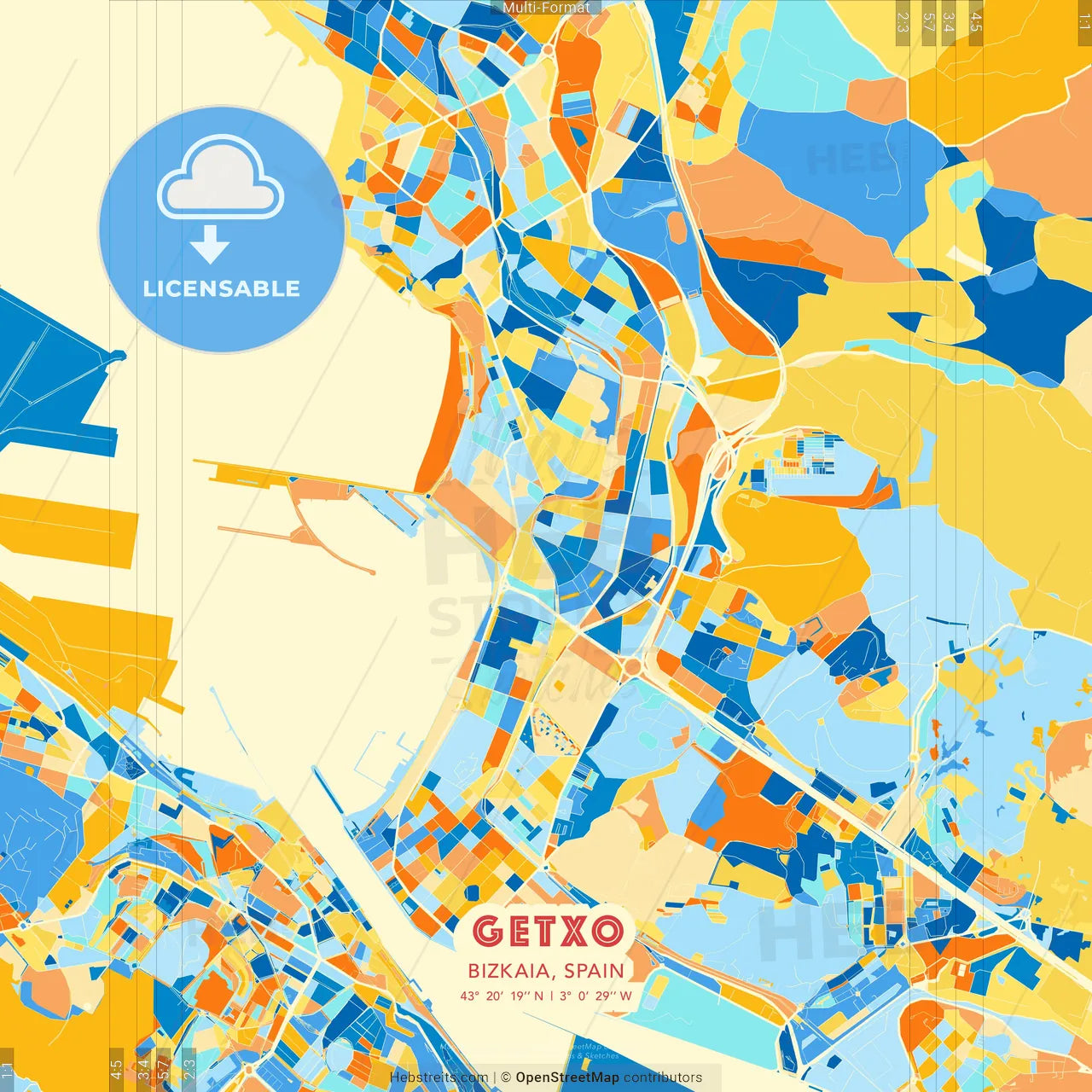 Getxo, Bizkaia, Spain blue and orange vector art map template