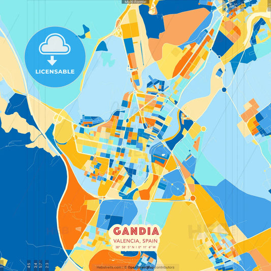 Gandia, Valencia, Spain blue and orange vector art map template