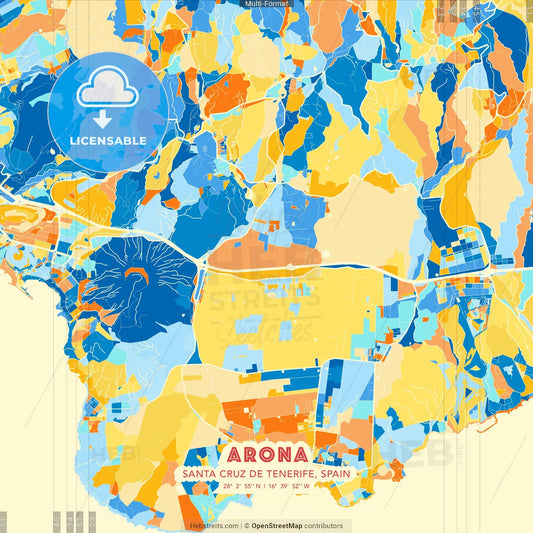 Arona, Santa Cruz de Tenerife, Spain blue and orange vector art map template