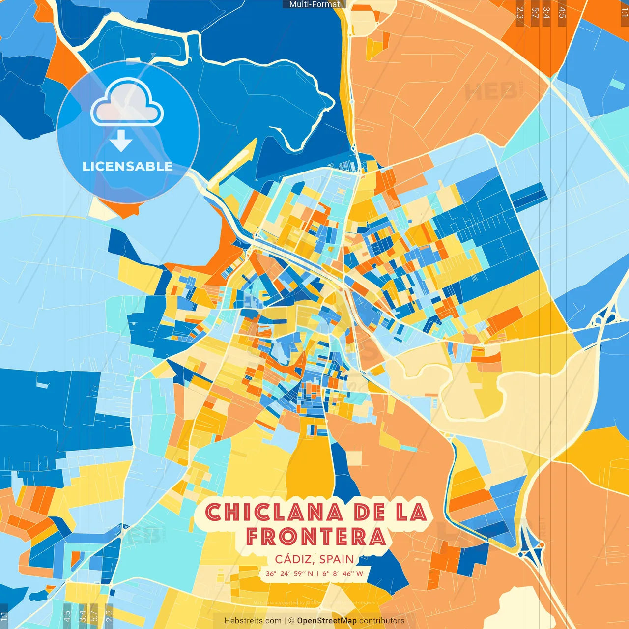 Chiclana de la Frontera, Cádiz, Spain blue and orange vector art map template