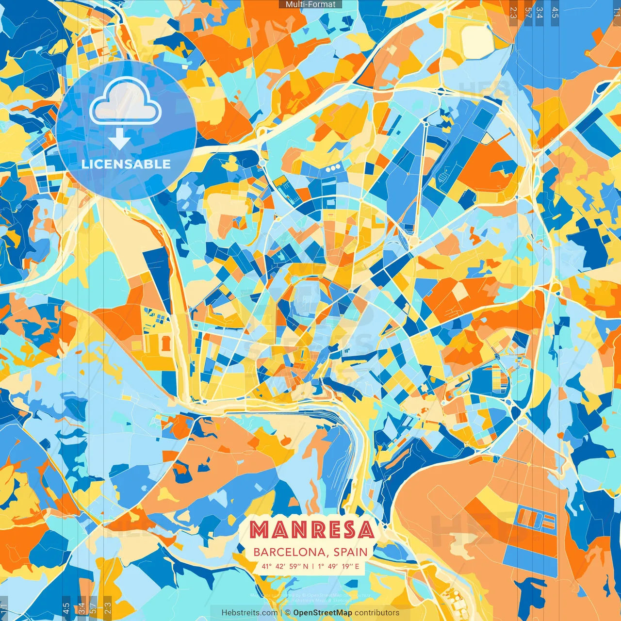 Manresa, Barcelona, Spain blue and orange vector art map template