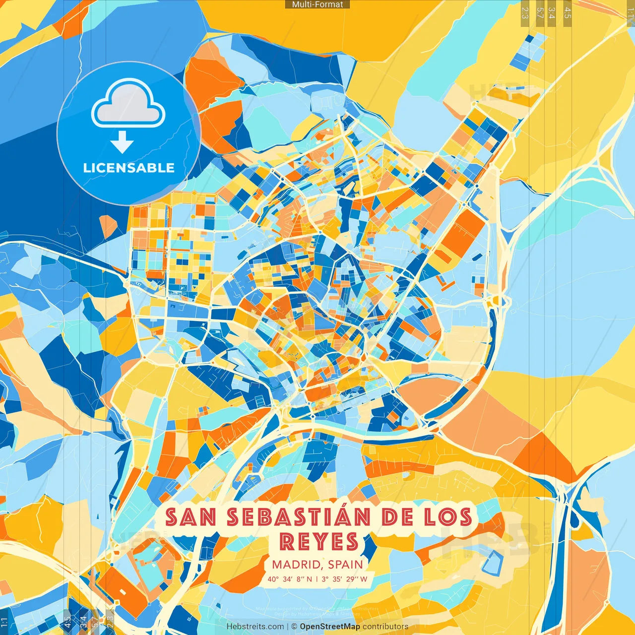 San Sebastián de los Reyes, Madrid, Spain blue and orange vector art map template