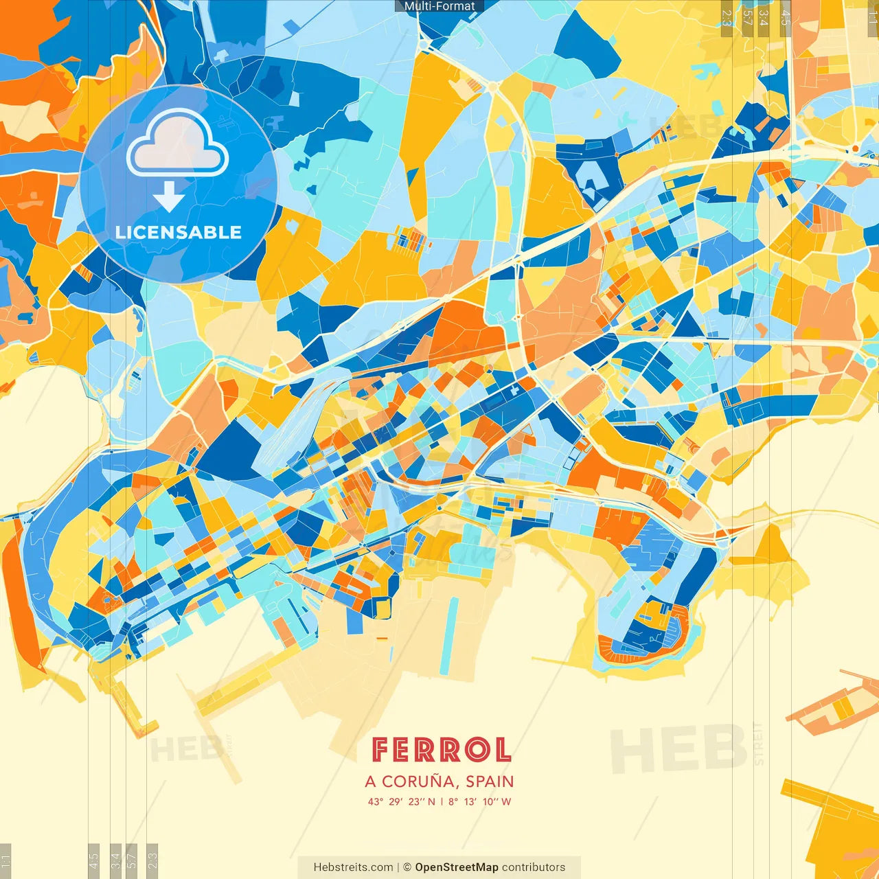 Ferrol, A Coruña, Spain blue and orange vector art map template