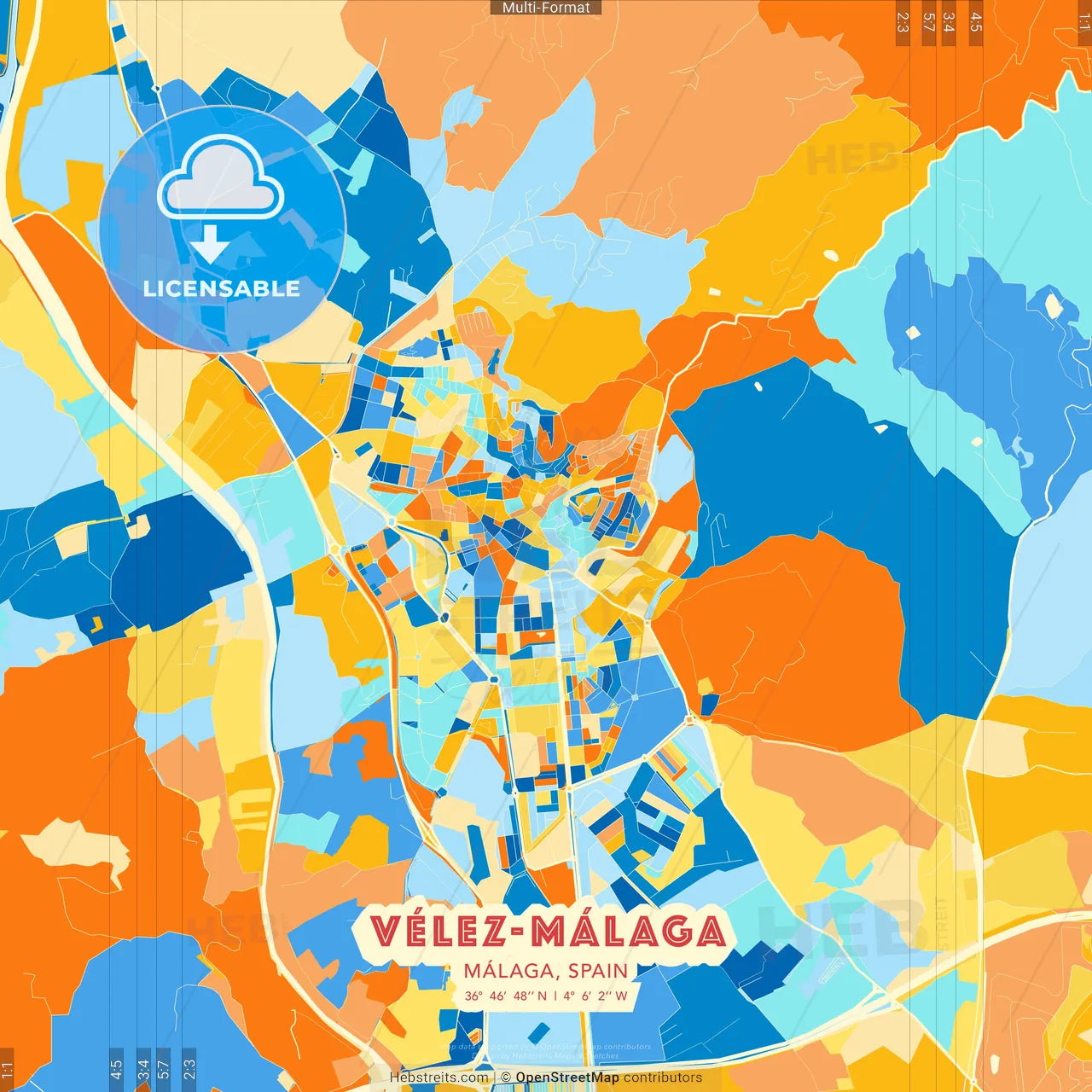 Vélez-Málaga, Málaga, Spain blue and orange vector art map template