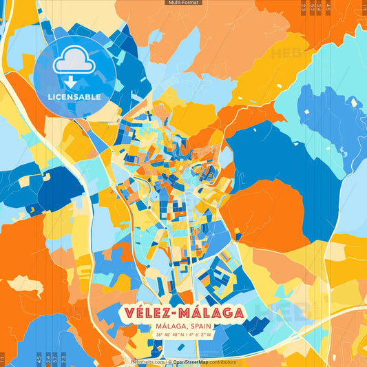 Vélez-Málaga, Málaga, Spain blue and orange vector art map template