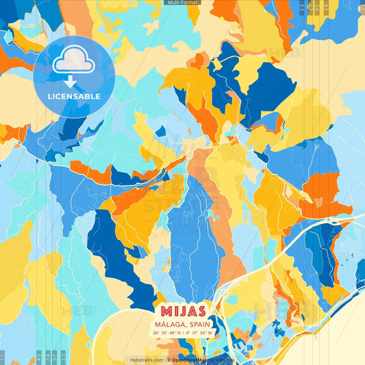 Mijas, Málaga, Spain blue and orange vector art map template