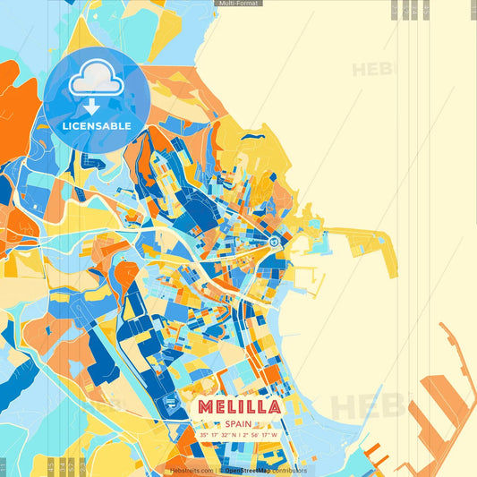 Melilla, Spain blue and orange vector art map template