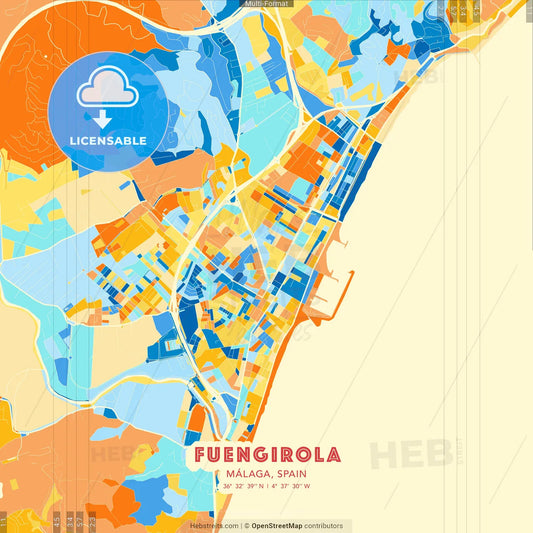 Fuengirola, Málaga, Spain blue and orange vector art map template