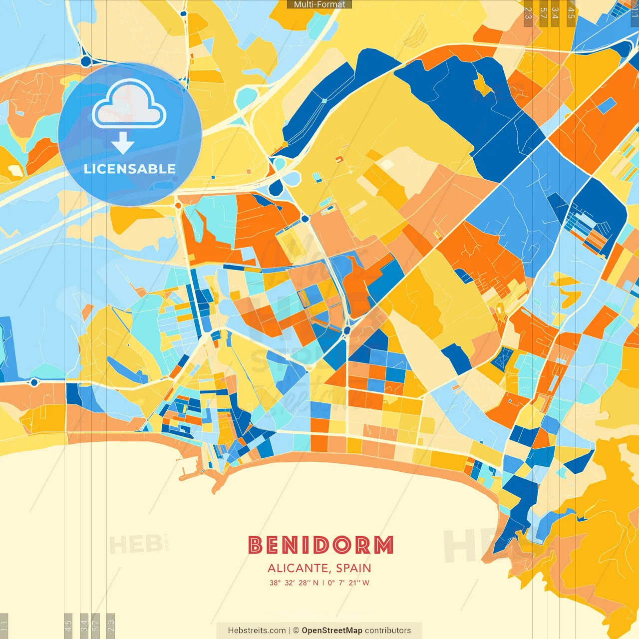 Benidorm, Alicante, Spain blue and orange vector art map template