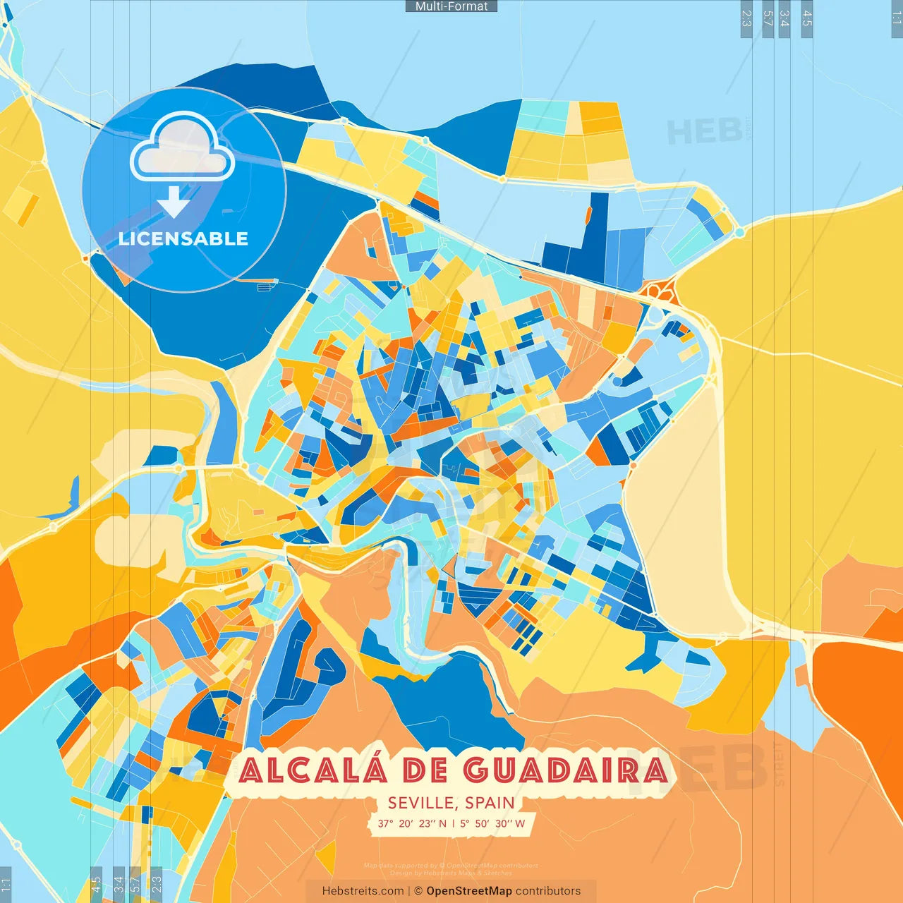 Alcalá de Guadaira, Seville, Spain blue and orange vector art map template