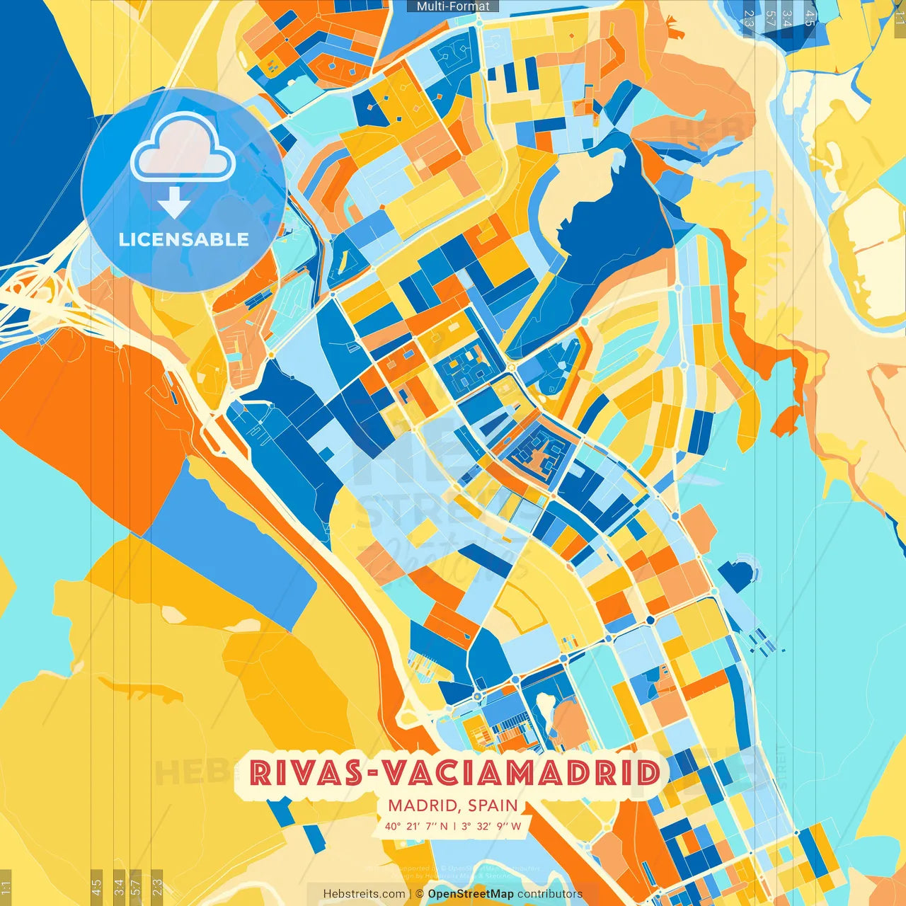 Rivas-Vaciamadrid, Madrid, Spain blue and orange vector art map template