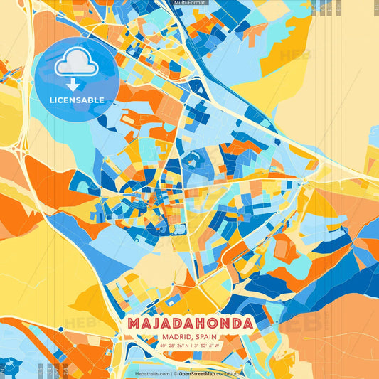 Majadahonda, Madrid, Spain blue and orange vector art map template