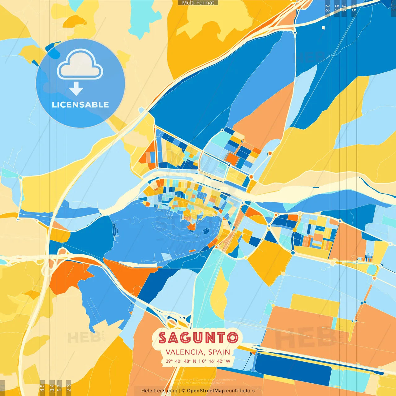 Sagunto, Valencia, Spain blue and orange vector art map template