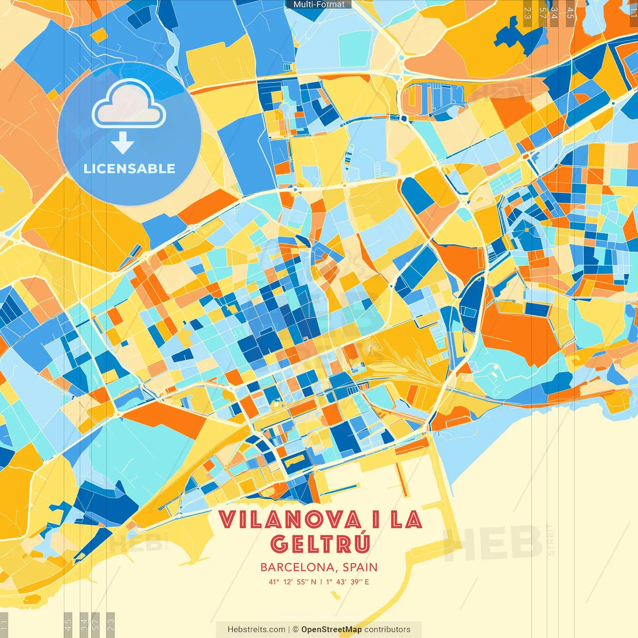 Vilanova i la Geltrú, Barcelona, Spain blue and orange vector art map template