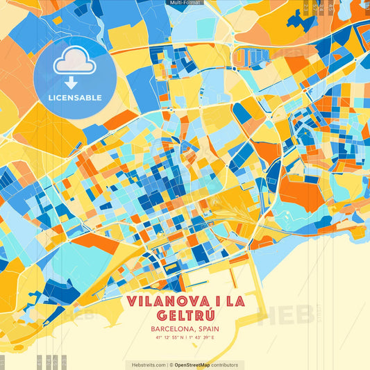 Vilanova i la Geltrú, Barcelona, Spain blue and orange vector art map template