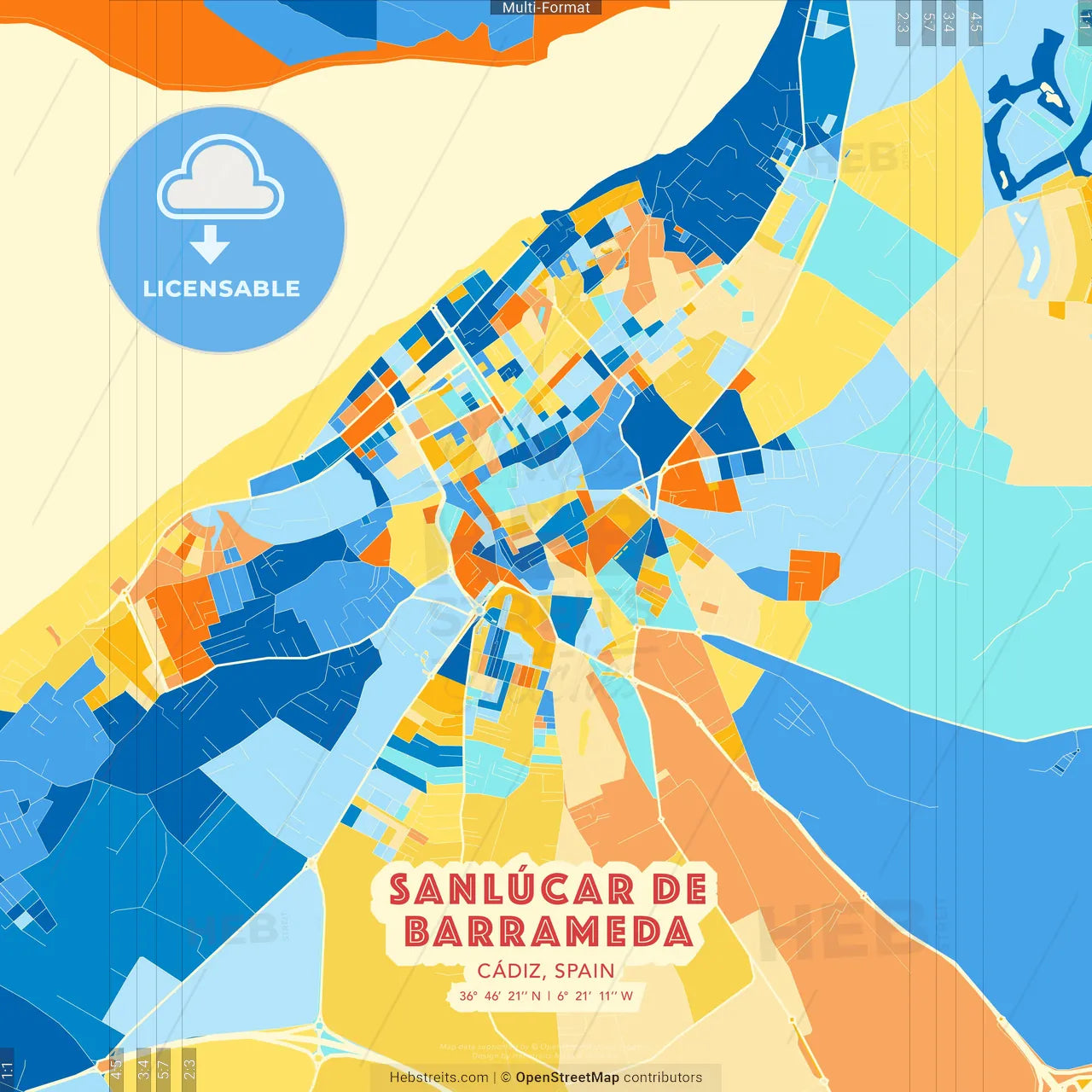 Sanlúcar de Barrameda, Cádiz, Spain blue and orange vector art map template