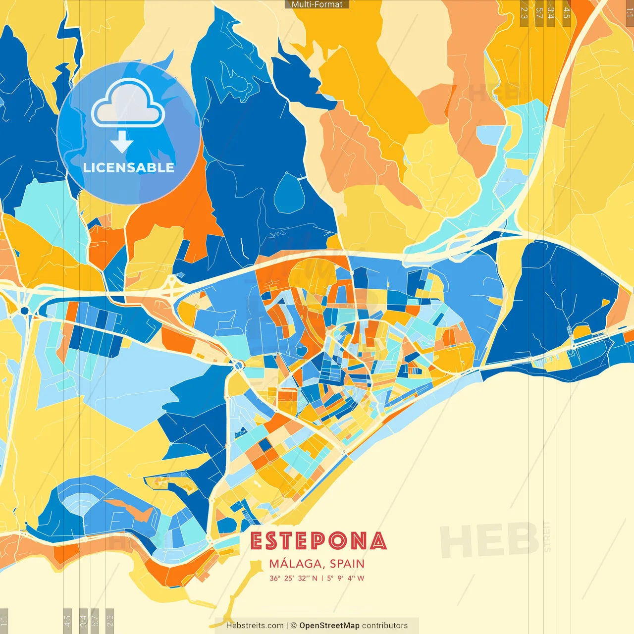 Estepona, Málaga, Spain blue and orange vector art map template