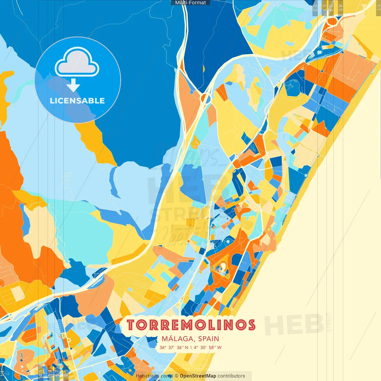 Torremolinos, Málaga, Spain blue and orange vector art map template