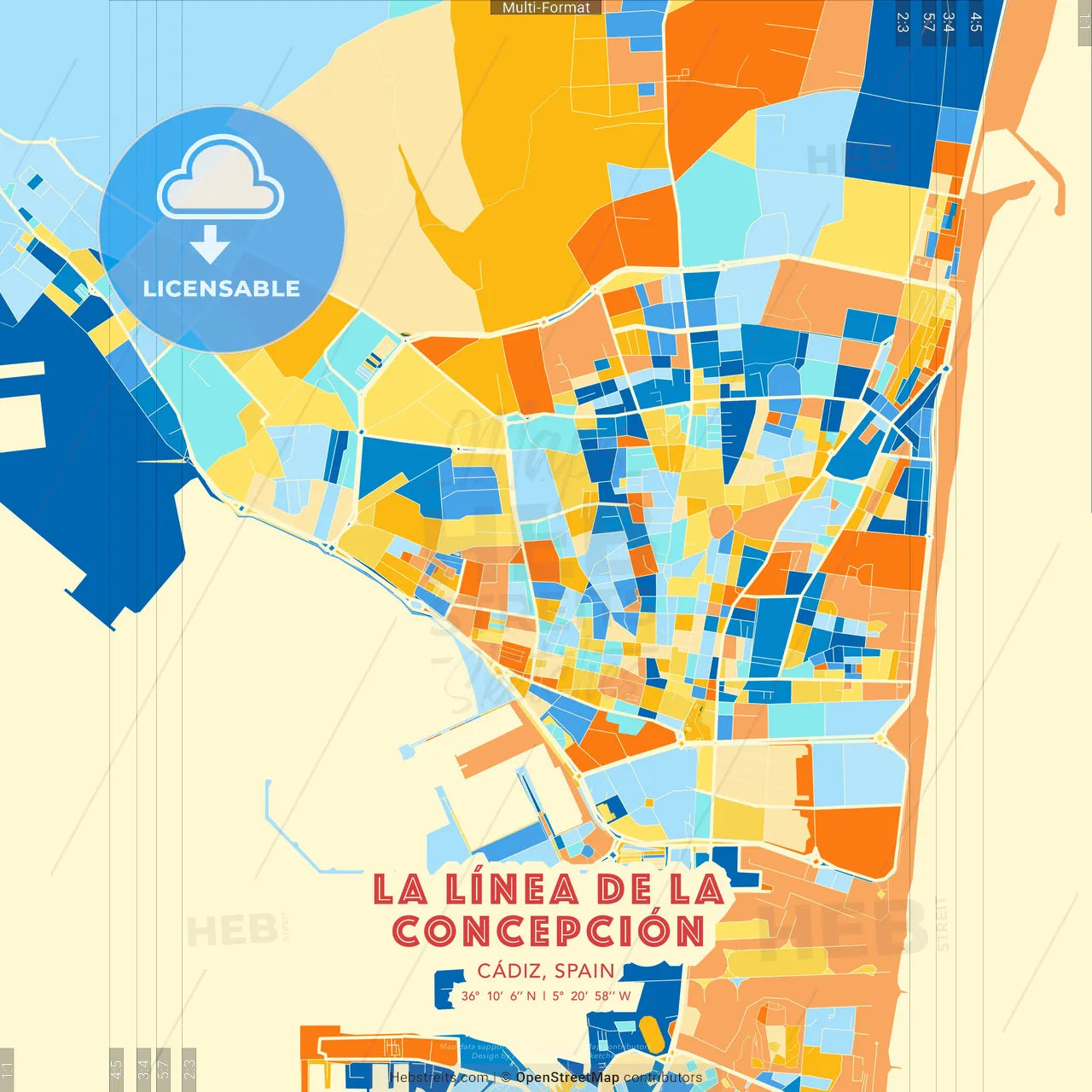 La Línea de la Concepción, Cádiz, Spain blue and orange vector art map template