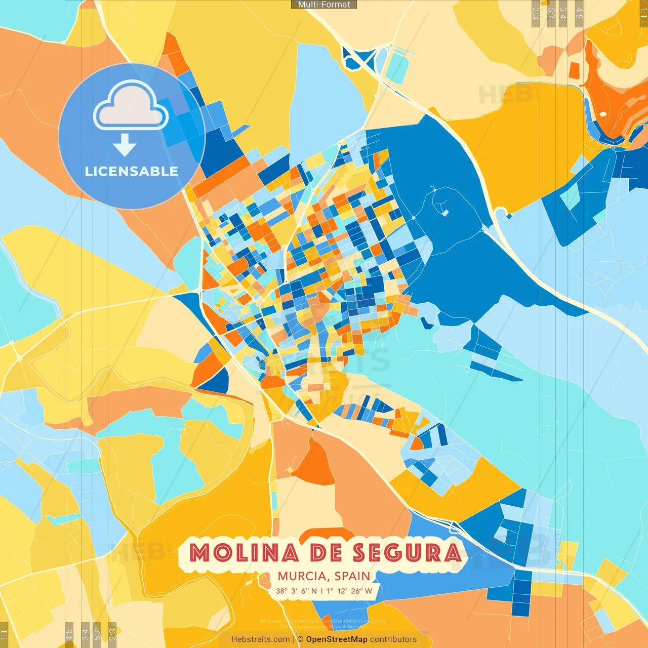 Molina de Segura, Murcia, Spain blue and orange vector art map template