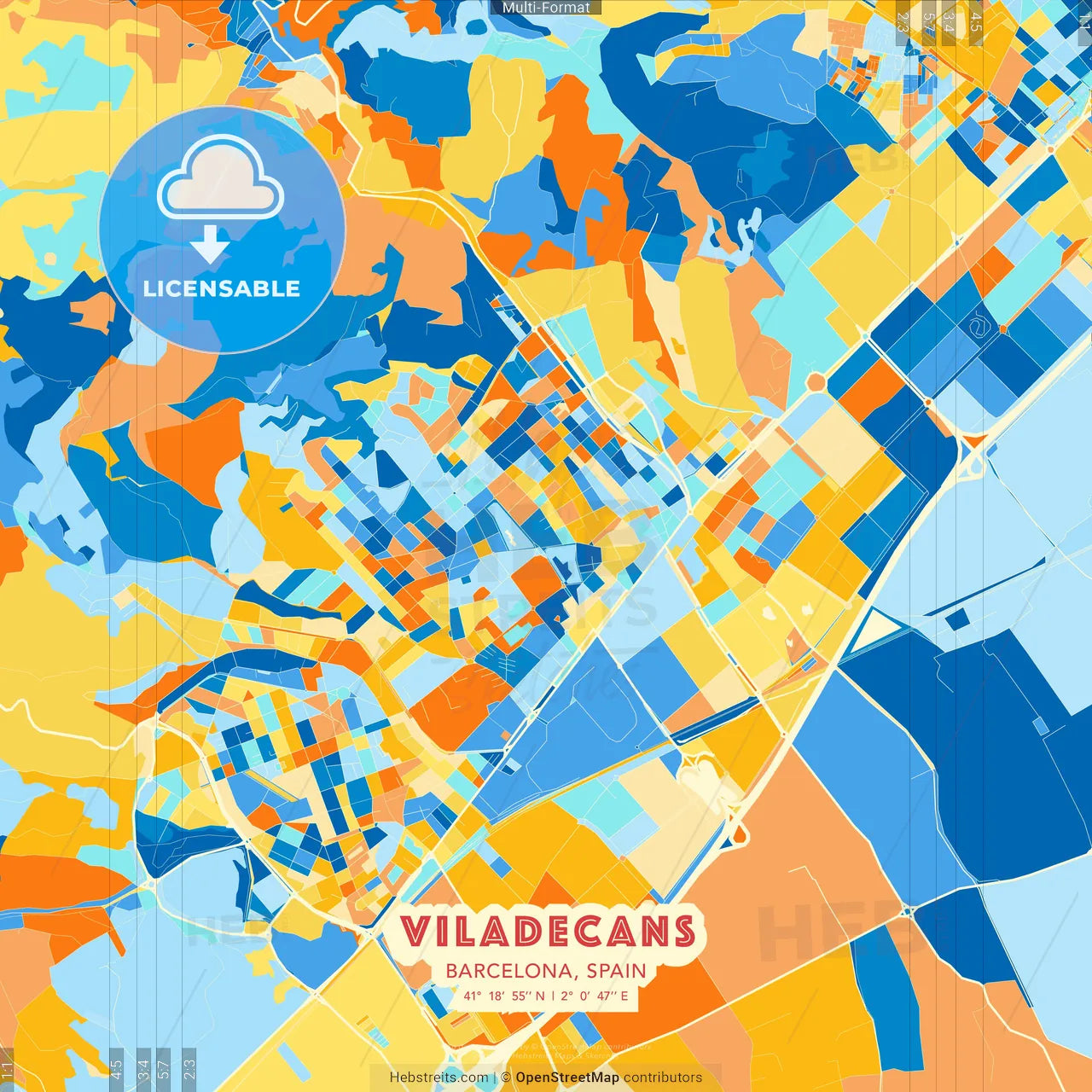 Viladecans, Barcelona, Spain blue and orange vector art map template