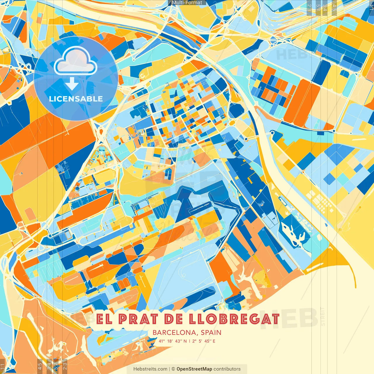 El Prat de Llobregat, Barcelona, Spain blue and orange vector art map template