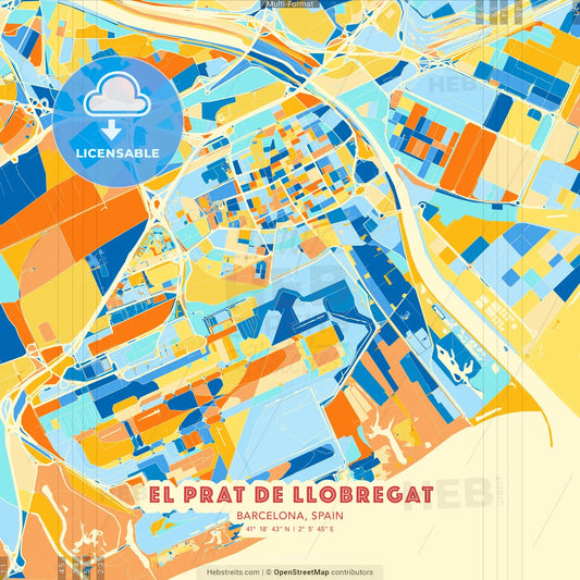 El Prat de Llobregat, Barcelona, Spain blue and orange vector art map template
