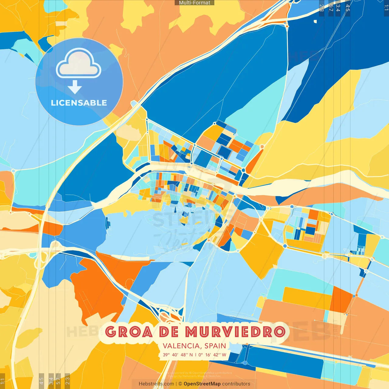Groa de Murviedro, Valencia, Spain blue and orange vector art map template